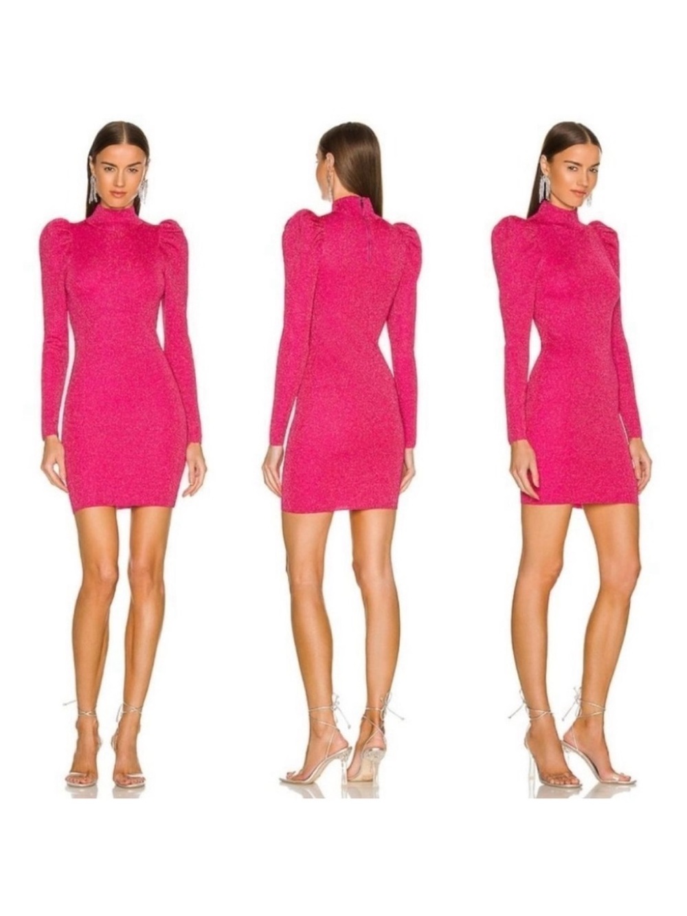 Alice + Olivia Issa Turtleneck Puff Long Sleeve Hot Pink Metallic Dress Size Med